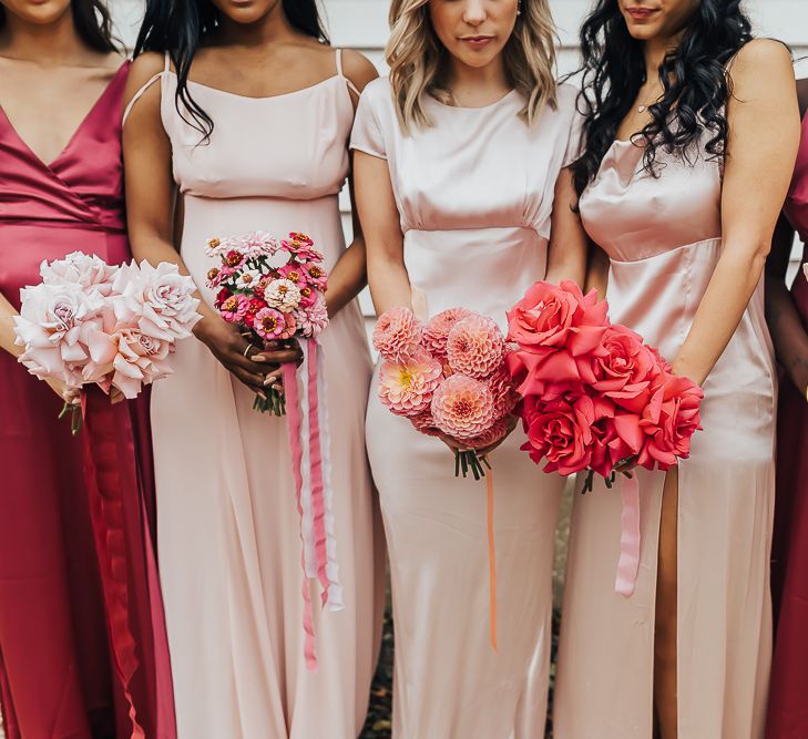 Bridesmaids posies with dahlias, roses and wild flowers for wedding with pink colour scheme