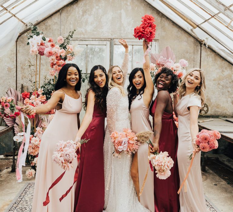 bridal party portrait for intimate wedding with pink colour scheme