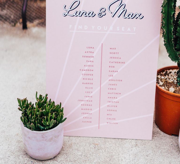 Intimate seating chart for wedding with pink colour scheme