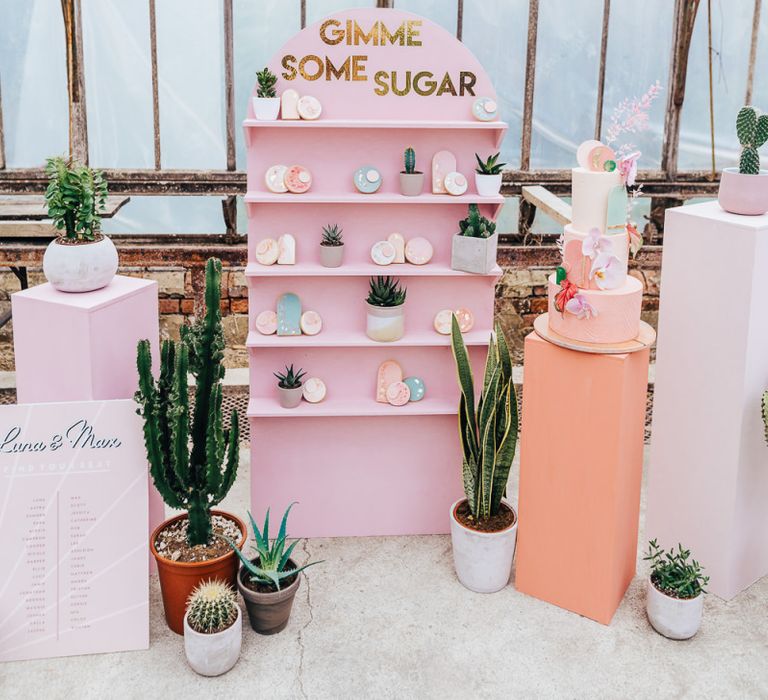 Wedding cake and biscuit display for intimate wedding with pink colour scheme