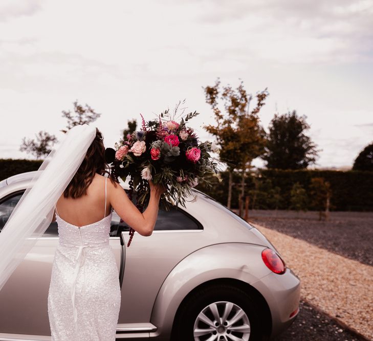 Bride Carries  Pink Bouquet With Long Veil For Primrose Hill Farm Wedding