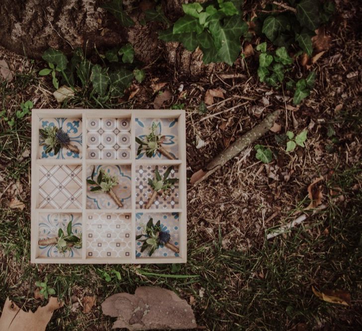 Thistle Buttonholes wrapped in Twine | Woodland Wedding at Sa Farinera de Sant LLuis Wedding Venue, Catalan Empordà, Spain | Planned &amp; Styled by Mille Papillons | HUMà06 Photography | HUMà06 Photography