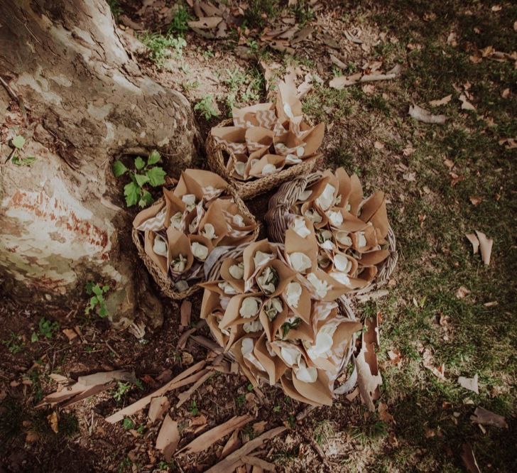 Craft Paper Confetti Cones | Woodland Wedding at Sa Farinera de Sant LLuis Wedding Venue, Catalan Empordà, Spain | Planned &amp; Styled by Mille Papillons | HUMà06 Photography | HUMà06 Photography