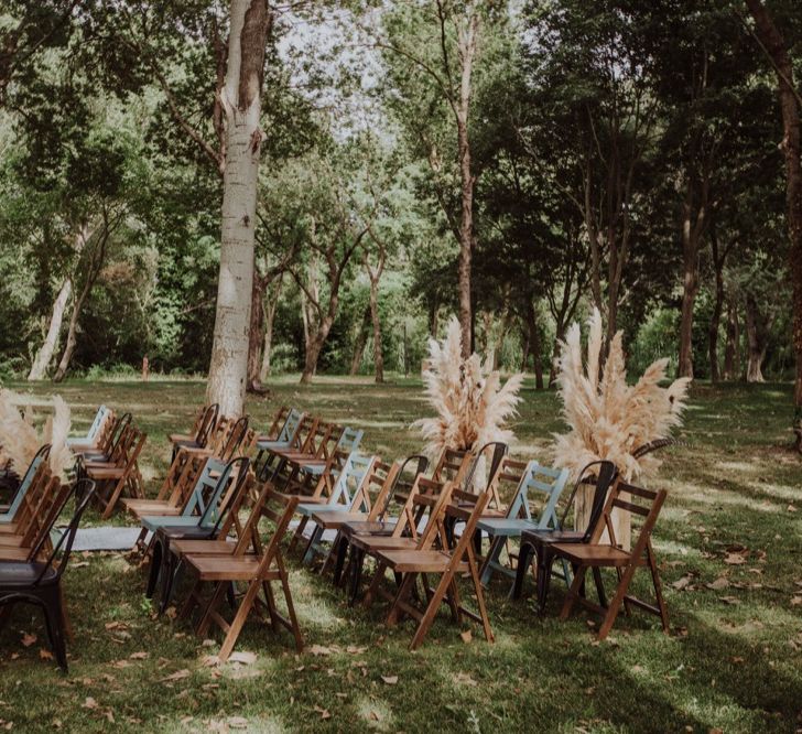 Pampas Grass Moongate &amp; Aisle Floral Arrangements | Outdoor Woodland Wedding at Sa Farinera de Sant LLuis Wedding Venue, Catalan Empordà, Spain | Planned &amp; Styled by Mille Papillons | HUMà06 Photography | HUMà06 Photography