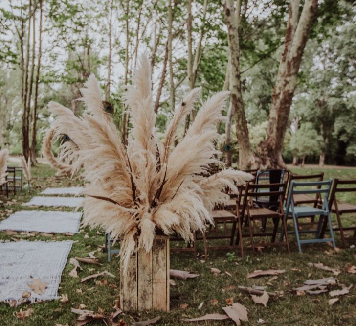 Pampas Grass Moongate &amp; Aisle Floral Arrangements | Outdoor Woodland Wedding at Sa Farinera de Sant LLuis Wedding Venue, Catalan Empordà, Spain | Planned &amp; Styled by Mille Papillons | HUMà06 Photography | HUMà06 Photography