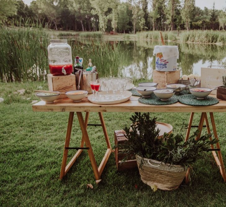 Drinks Station Wedding Decor | Outdoor Woodland Wedding at Sa Farinera de Sant LLuis Wedding Venue, Catalan Empordà, Spain | Planned &amp; Styled by Mille Papillons | HUMà06 Photography | HUMà06 Photography