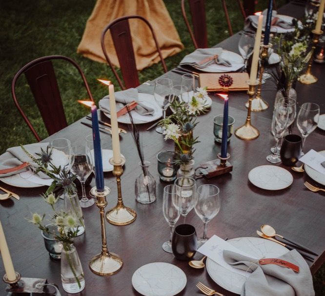 Elegant Place Setting with Leather Name Place Card, Gold Cutlery &amp; Marble Tableware | Outdoor Woodland Wedding at Sa Farinera de Sant LLuis Wedding Venue, Catalan Empordà, Spain | Planned &amp; Styled by Mille Papillons | HUMà06 Photography | HUMà06 Photography