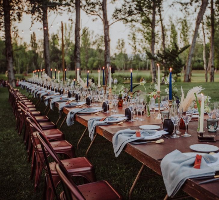 Tapper Candles, Grey Napkins, Black Glasses Table Decor | Outdoor Woodland Wedding at Sa Farinera de Sant LLuis Wedding Venue, Catalan Empordà, Spain | Planned &amp; Styled by Mille Papillons | HUMà06 Photography | HUMà06 Photography