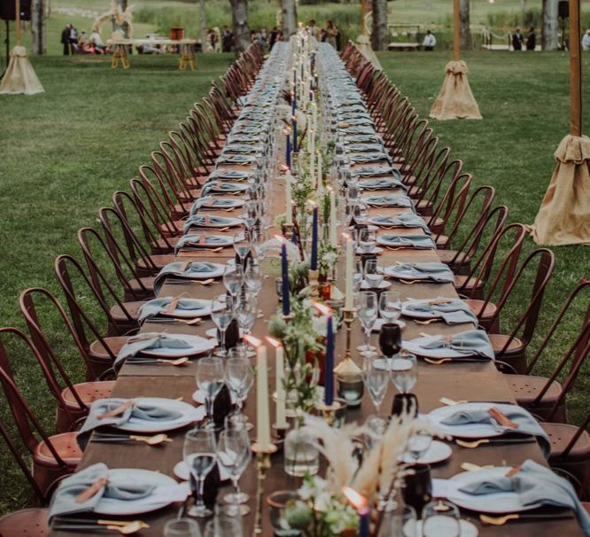 Tapper Candles, Grey Napkins, Black Glasses Table Decor | Outdoor Woodland Wedding at Sa Farinera de Sant LLuis Wedding Venue, Catalan Empordà, Spain | Planned &amp; Styled by Mille Papillons | HUMà06 Photography | HUMà06 Photography