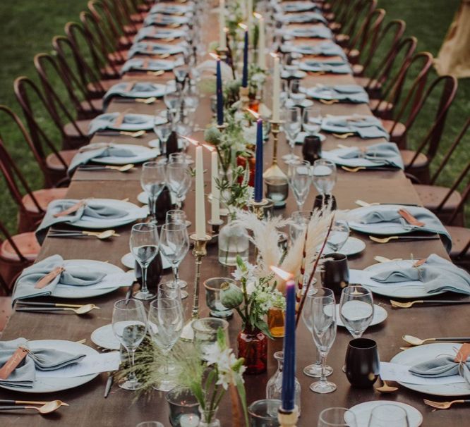 Tapper Candles, Grey Napkins, Black Glasses Table Decor | Outdoor Woodland Wedding at Sa Farinera de Sant LLuis Wedding Venue, Catalan Empordà, Spain | Planned &amp; Styled by Mille Papillons | HUMà06 Photography | HUMà06 Photography