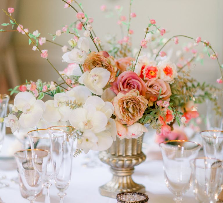 Romantic rose and orchid centrepiece