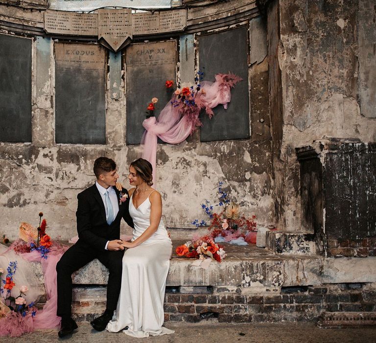 Pink Flowers and Drapes Altar Wedding Decor