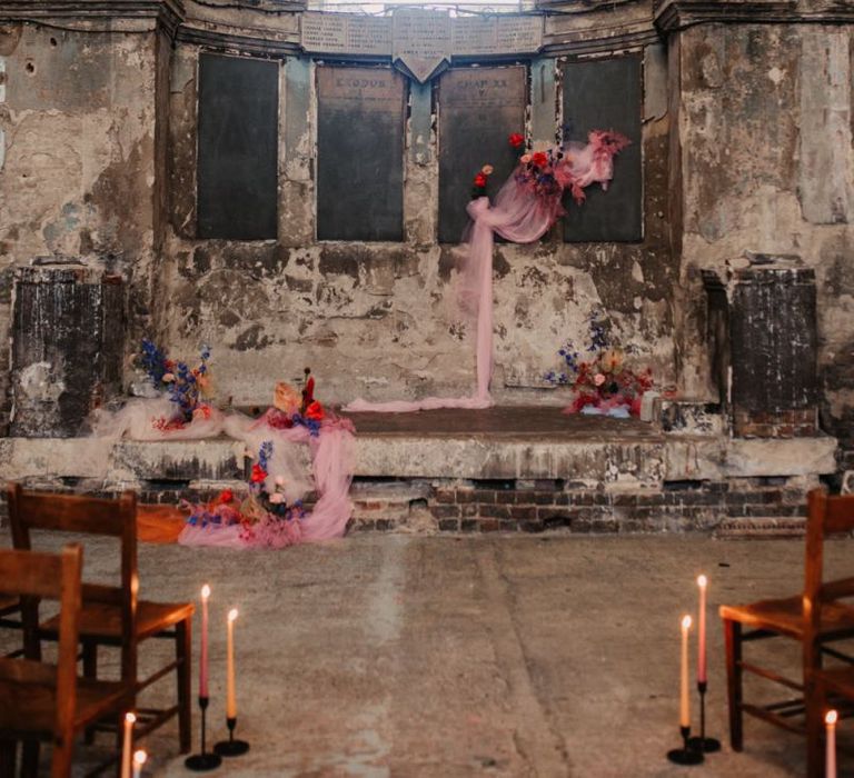 Asylum Chapel Wedding Inspiration  with Pink Flowers and Decor