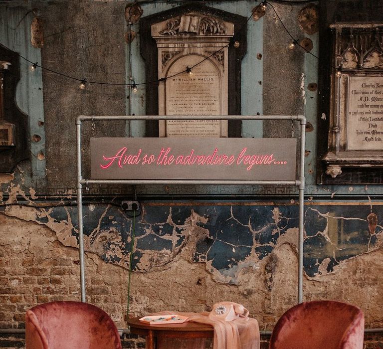 Retro Seating Areas with Pink Phone, Neon Sign and Velvet Chairs