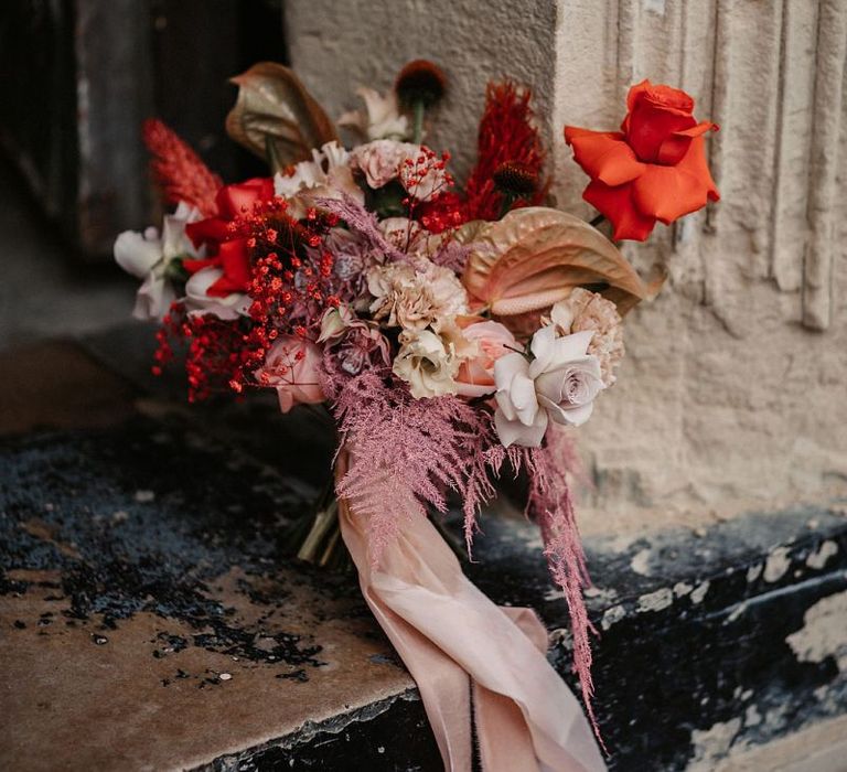 Pink and Red Wedding Bouquet with Anthurium and  Astilbe Flowers