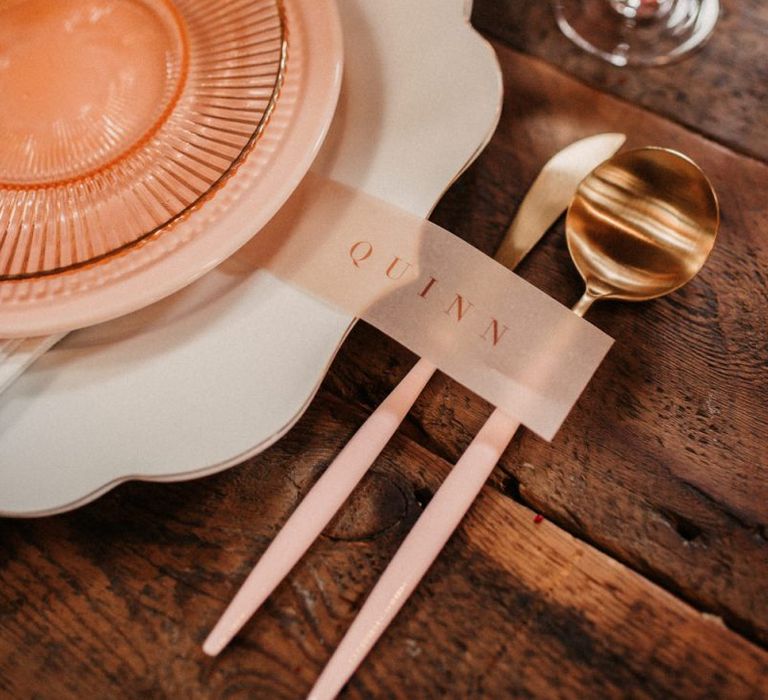 Vellum Name Place Setting and Pink Cutlery