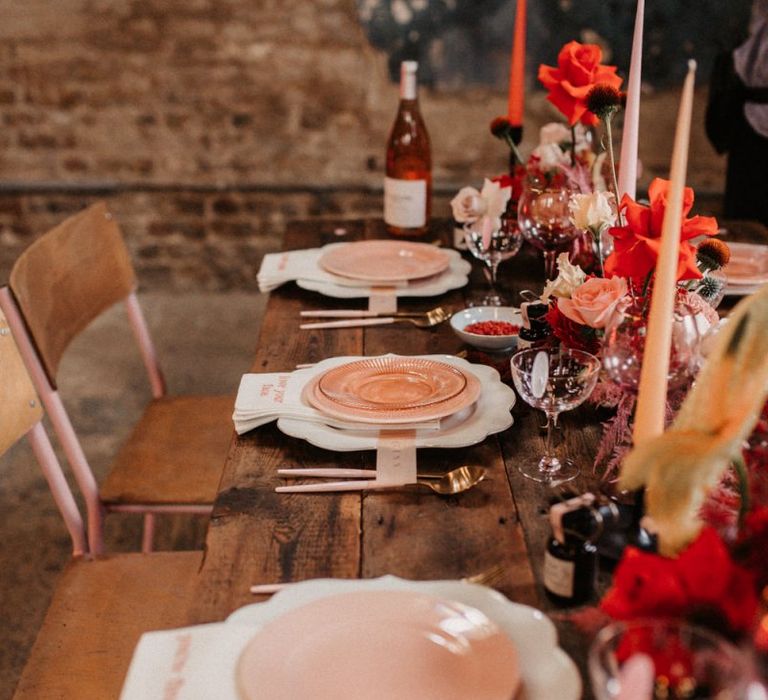 Rustic Table Decor with Luxury Pink Tableware, Candles and Flowers