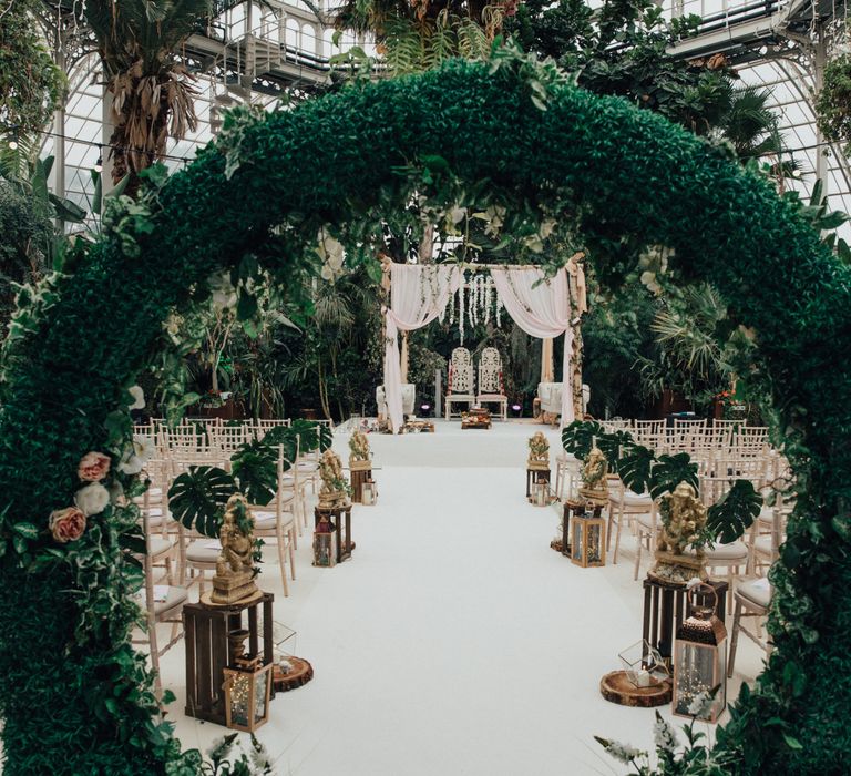 Botanical, Aisle Decor with Greenery Moon Gate and Indian Mandap Wedding Ceremony Canopy