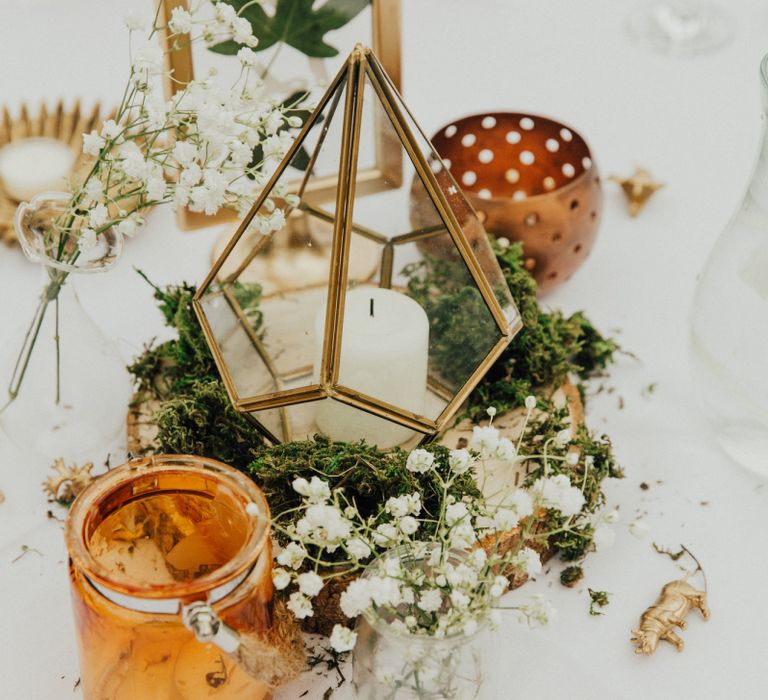 Gold Terrarium Centrepiece with Gypsophila and Candle Decor