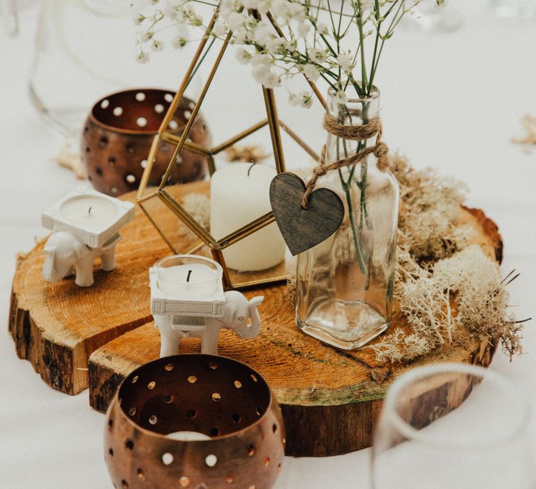 Rustic Tree Slice Centrepiece with Terrarium and Gypsophila in a Bottle