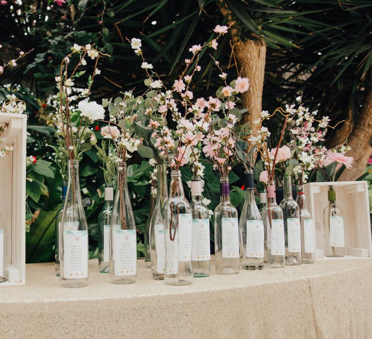 Wine Bottle Table Plan with Flower Stems