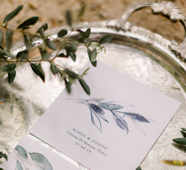 Olive Branch Motif Wedding Stationery // Chateau De Roussan St Remy Provence Wedding Venue With Joanne Flemming Dresses Fine Art Images From Jo Bradbury Photography