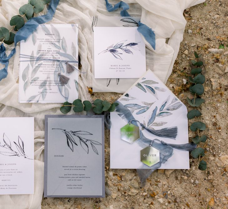 Olive Leaf Motif Stationery Suite // Chateau De Roussan St Remy Provence Wedding Venue With Joanne Flemming Dresses Fine Art Images From Jo Bradbury Photography