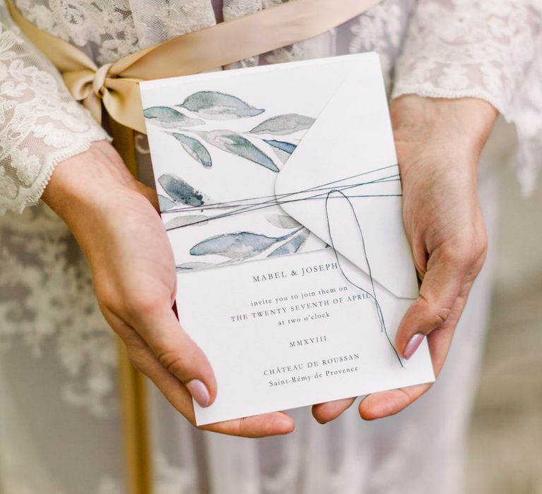 Olive Leaf Motif Wedding Stationery // Chateau De Roussan St Remy Provence Wedding Venue With Joanne Flemming Dresses Fine Art Images From Jo Bradbury Photography