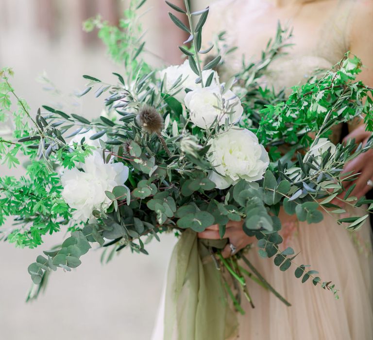 White Flower &amp; Foliage Wedding Bouquet // Chateau De Roussan St Remy Provence Wedding Venue With Joanne Flemming Dresses Fine Art Images From Jo Bradbury Photography