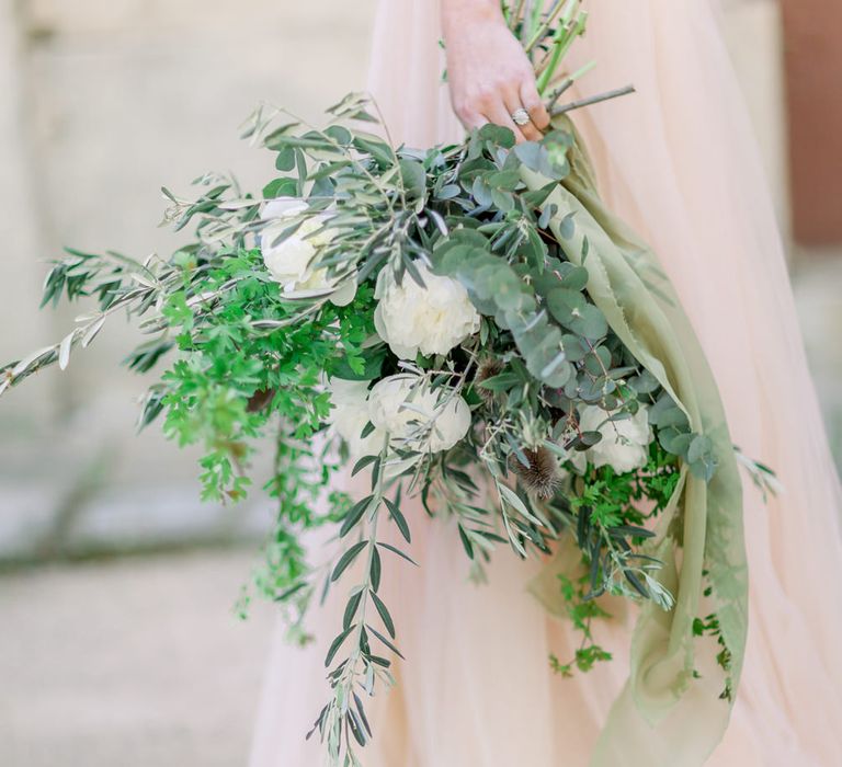 White Flower &amp; Foliage Wedding Bouquet // Chateau De Roussan St Remy Provence Wedding Venue With Joanne Flemming Dresses Fine Art Images From Jo Bradbury Photography