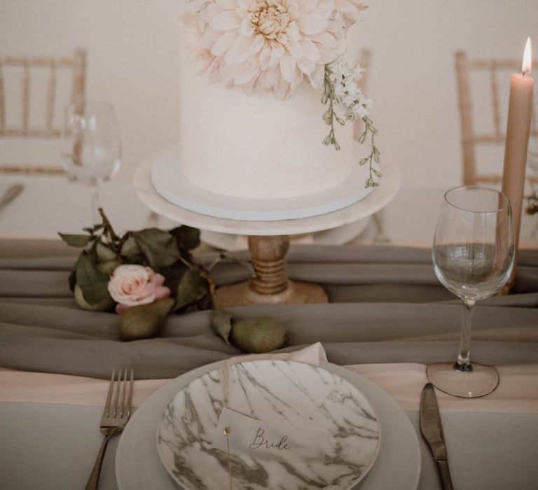 Elegant Two Tier Wedding Cake with Dahlia Flower Decor