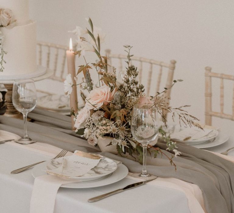 Wedding Floral Centrepiece and Grey Table Runner