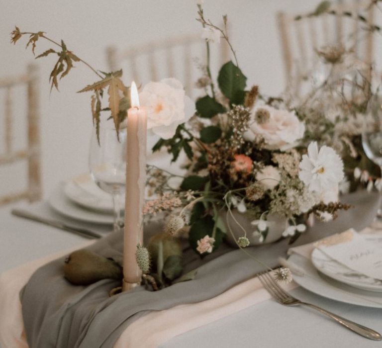 Pink and Grey Table Runners with Romantic Taper Candles and Floral Arrangement