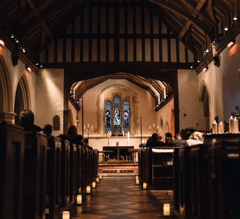 Christmas Pub Wedding At The Falcon Rotherwick With Bride In Alice By Watters And Candle Lit Wedding Ceremony Images By Rebecca Searle Photography