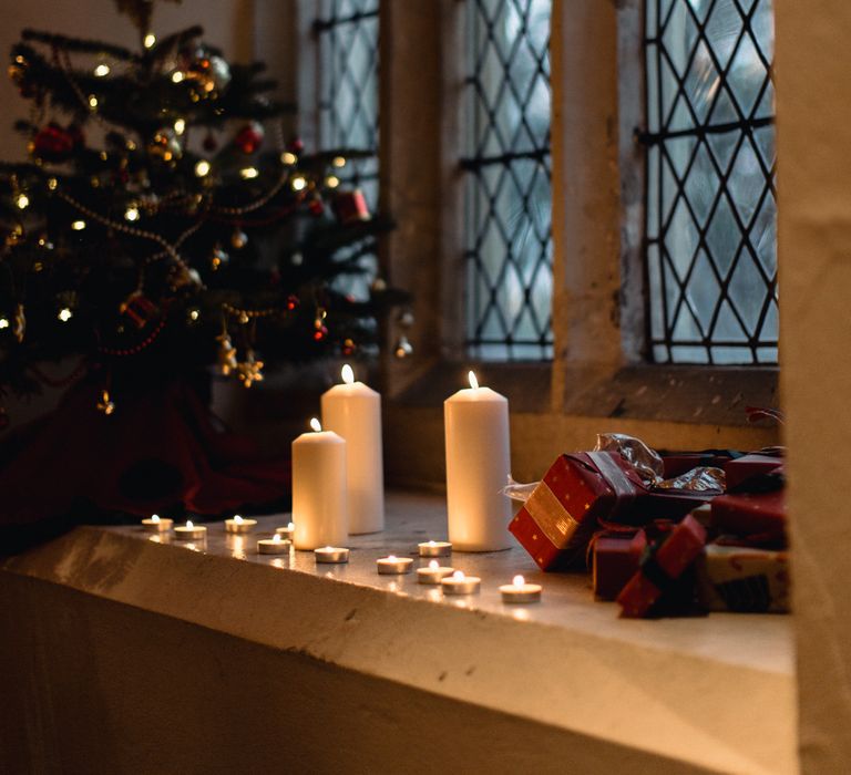 Christmas Pub Wedding At The Falcon Rotherwick With Bride In Alice By Watters And Candle Lit Wedding Ceremony Images By Rebecca Searle Photography