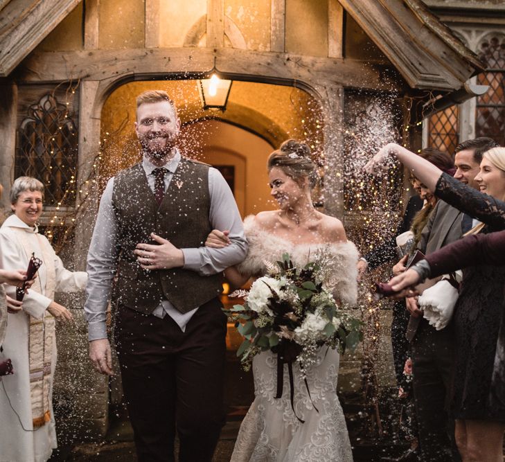 Christmas Pub Wedding At The Falcon Rotherwick With Bride In Alice By Watters And Candle Lit Wedding Ceremony Images By Rebecca Searle Photography