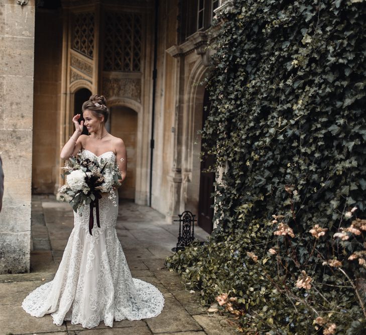 Bride In Alice Dress By Watters // Christmas Pub Wedding At The Falcon Rotherwick With Bride In Alice By Watters And Candle Lit Wedding Ceremony Images By Rebecca Searle Photography