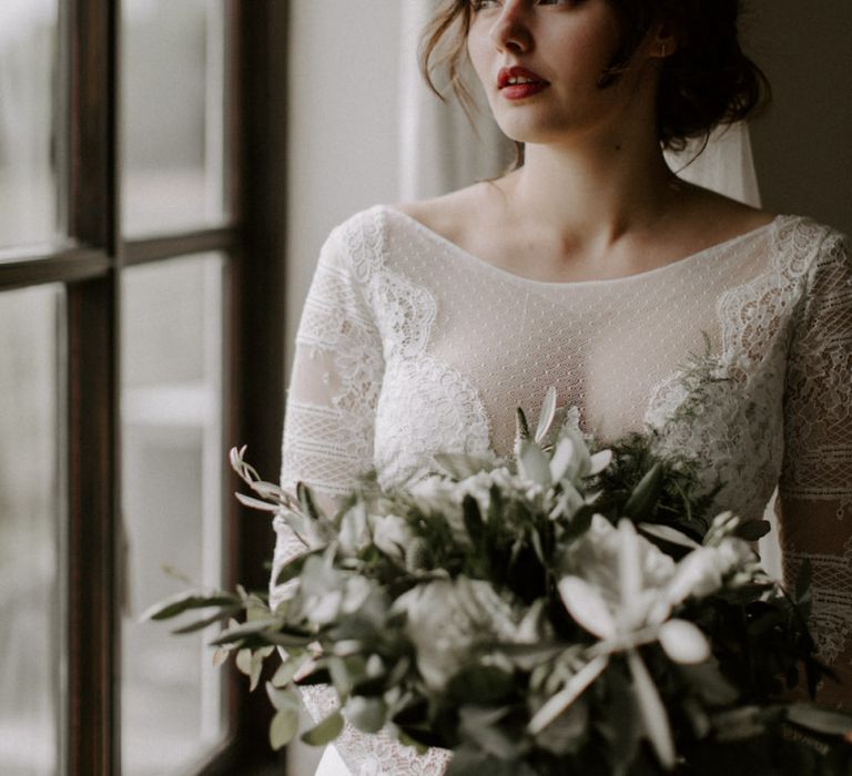 Red Lipstick With Lace Dress and Bouquet