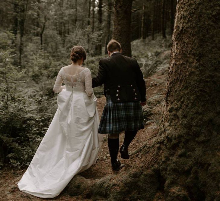 Bride and Groom Walk Back Through Cardinham Woods