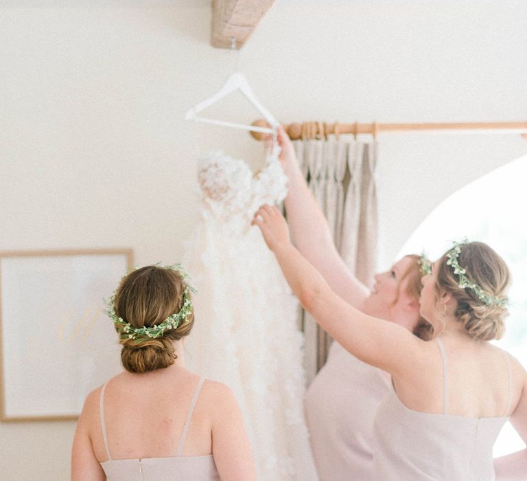 Strapless Liz Martinez Ballgown Wedding Dress with Embroidered Flowers | Bridesmaids in Blush Pink Rita Roushdy Dresses | Flower Crowns | Country Tipi Wedding with Macramé Arch and Hanging Flowers | Sarah-Jane Ethan Photography