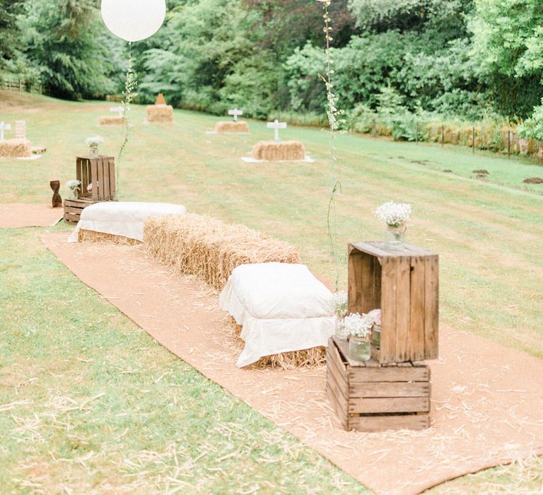 Garden Party Games | Hay Bales | Giant White Balloons | Country Tipi Wedding with Macramé Arch and Hanging Flowers | Sarah-Jane Ethan Photography