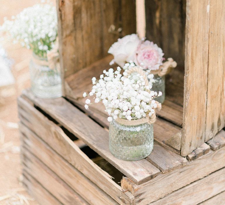 Wooden Crates | Gypsophila in Jam Jars | Country Tipi Wedding with Macramé Arch and Hanging Flowers | Sarah-Jane Ethan Photography