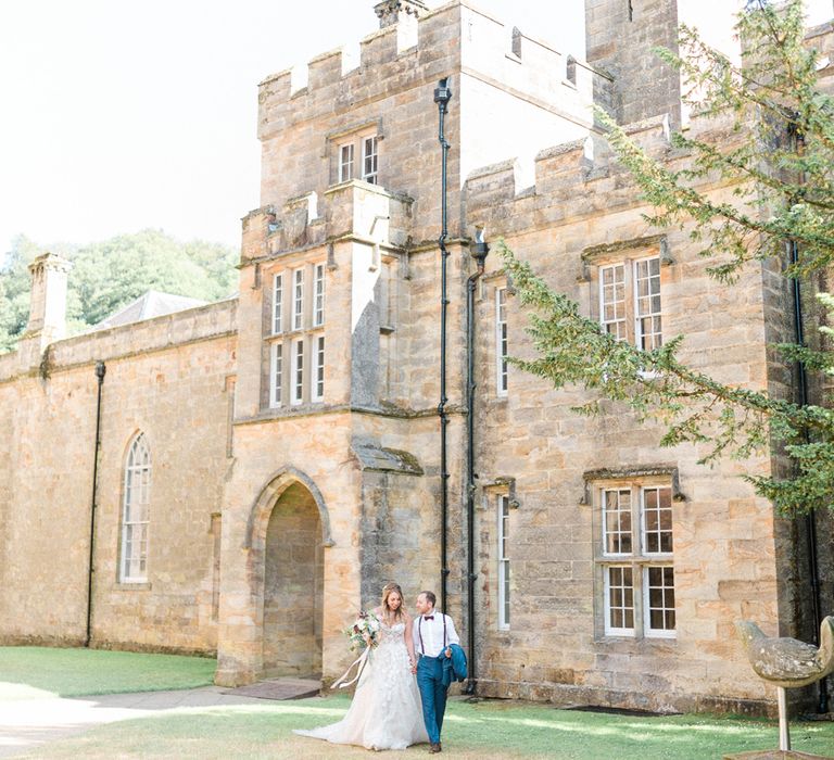 Bride in Strapless Liz Martinez Ballgown Wedding Dress with Embroidered Flowers | Cathedral Length Veil in Blush Soft Tulle | Groom in Navy Blue Suit with Burgundy Braces, Bow Tie and Brogues | Country Tipi Wedding with Macramé Arch and Hanging Flowers | Sarah-Jane Ethan Photography