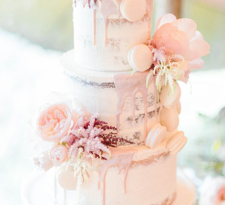 Semi-Naked Drippy Three Tiered Wedding Cake with Macaroons and Peonies | Country Tipi Wedding with Macramé Arch and Hanging Flowers | Sarah-Jane Ethan Photography