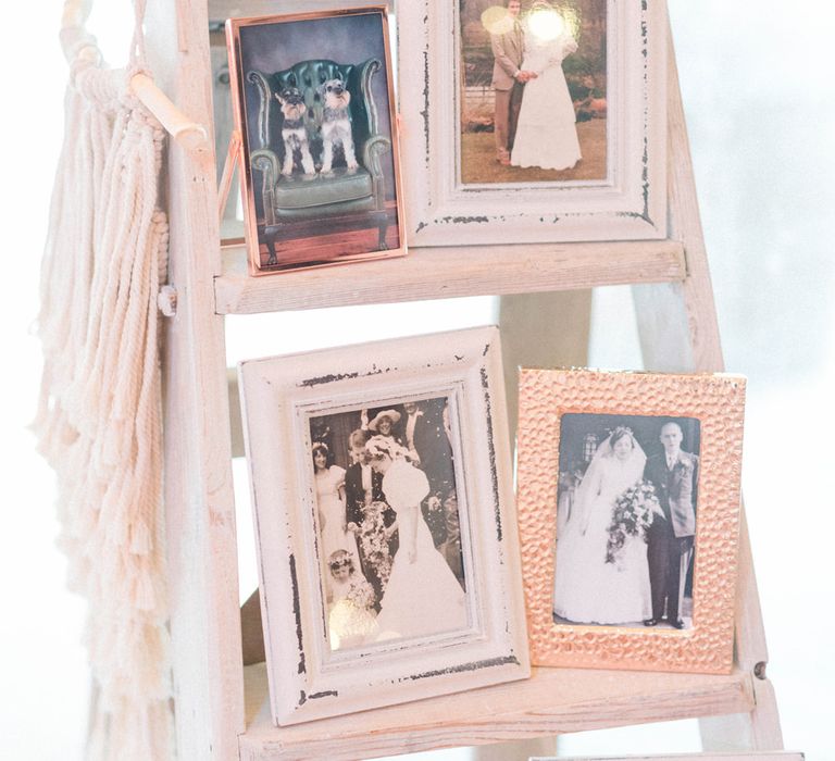 Wedding Reception Decor | Framed Photos of Family Weddings | Rustic Ladder | Macramé Decoration | Country Tipi Wedding with Macramé Arch and Hanging Flowers | Sarah-Jane Ethan Photography