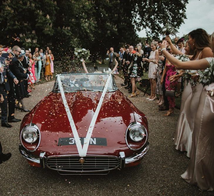 Vintage Red Wedding Car with Roof Down