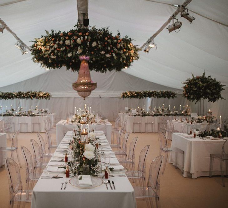 Marquee Wedding Reception Table Set Up And Decor with Chandelier