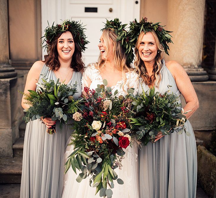 Bride in Riki Dalal wedding dress with bridesmaids all wearing foliage crowns