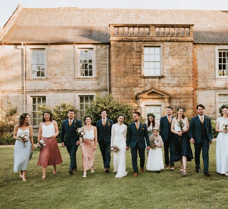 Bridal party and groomsmen at Mapperton House &amp; Gardens wedding