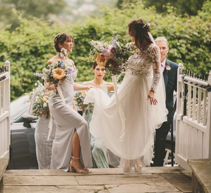 Bride arrives at church wedding ceremony